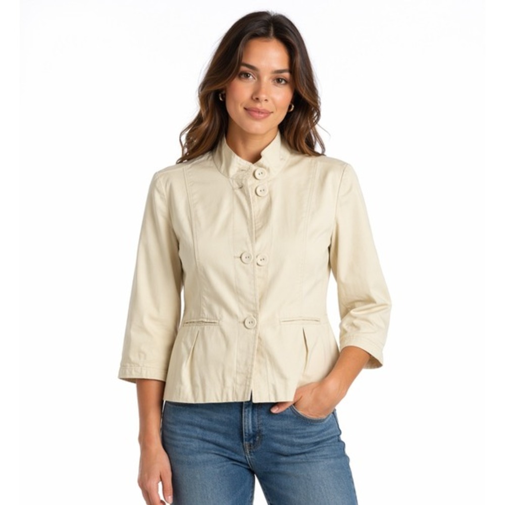 George Stretch Bleached Beige Blazer Stand Collar 3/4 Sleeve‎ Jacket Womens 12